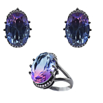 Комплект "Эльвира" фианит "турмалин"фиолетово - голубой, черная эмаль, размеры кольца: 17, 18, 19, 20