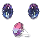 Комплект "Эльвира" фианит "турмалин" фиолетово - голубой  покрытие родий, размеры кольца: 17, 18, 19, 20