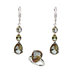 Комплект "Султан-1", султанит, покрытие родий, размеры кольца:17