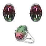 Комплект "Эльвира" фианит "турмалин" красно - зеленый покрытие родий, размеры кольца: 17, 18, 19, 20