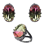 Комплект "Эльвира" фианит "турмалин"красно - желтый, черная эмаль, размеры кольца: 17, 18, 19, 20