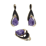 Комплект "Чара-15", чароит, покрытие под золото, размеры кольца: 17, 18, 19, 20