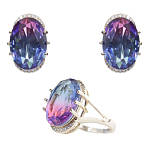 Комплект "Эльвира" фианит "турмалин" фиолетово-голубой покрытие под золото, размеры кольца: 17, 18, 19, 20