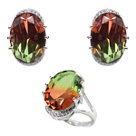 Комплект "Эльвира" фианит "турмалин" красно - желтый покрытие родий, размеры кольца: 17, 18, 19, 20