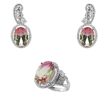 Комплект "Линда" фианит "турмалин" желто-красный покрытие родий, размеры кольца: 17, 18, 19, 20