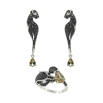 Комплект "Пантера", султанит,покрытие родий, размеры кольца: 17, 18, 19, 20